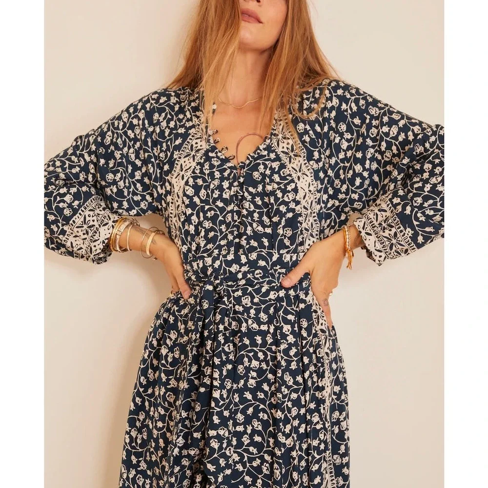 NATALIE MARTIN Fiore Short Dress Womens Small Pomegranate Blue Floral Print - Picture 1 of 16